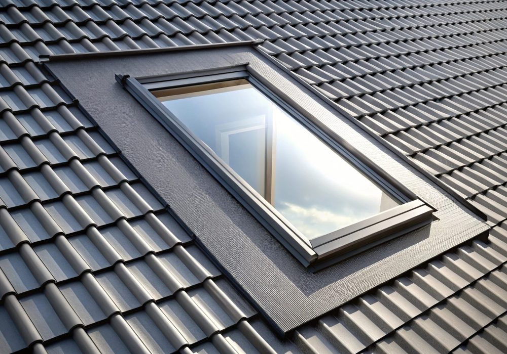 Reflective open roof window with black roof tiles